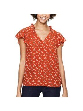 Boden Red White Floral Tie Neck Short Sleeve Blouse Top Size US 14